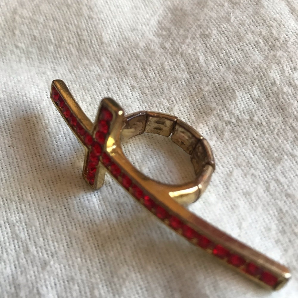 Red Rhinestone Cross Stretchy Ring - Picture 3 of 3